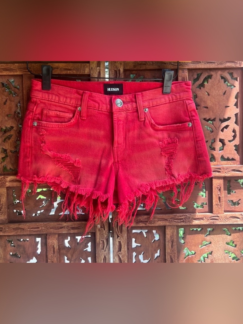 Hudson Jeans Red Distressed Frayed Denim Shorts